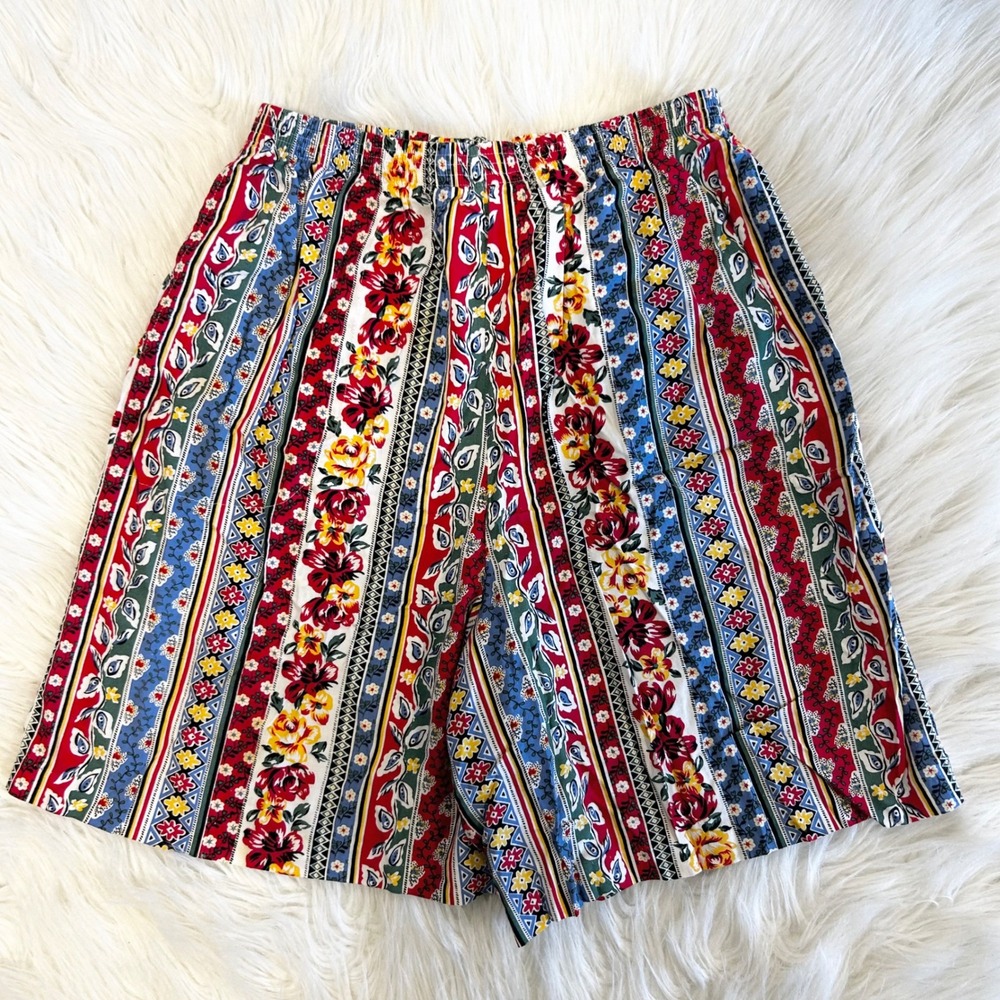 Teddi Vintage 90s Floral Paisley Striped High Waist Shorts Red Blue Large